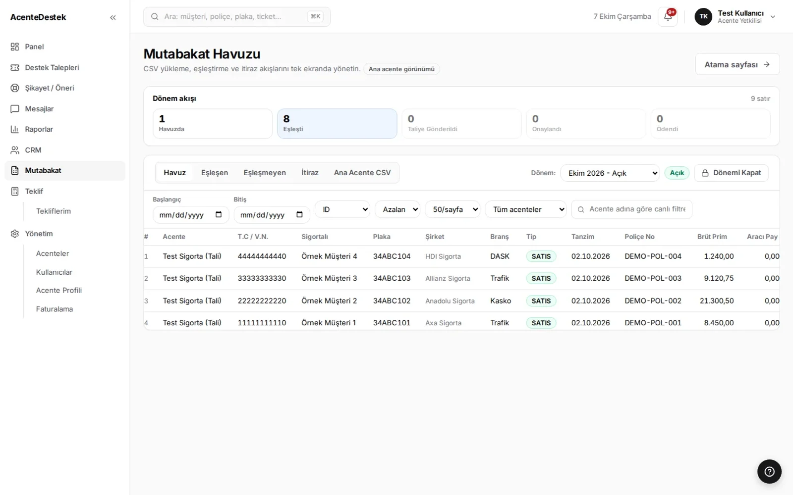 AcenteDestek Mutabakat demo ekranı
