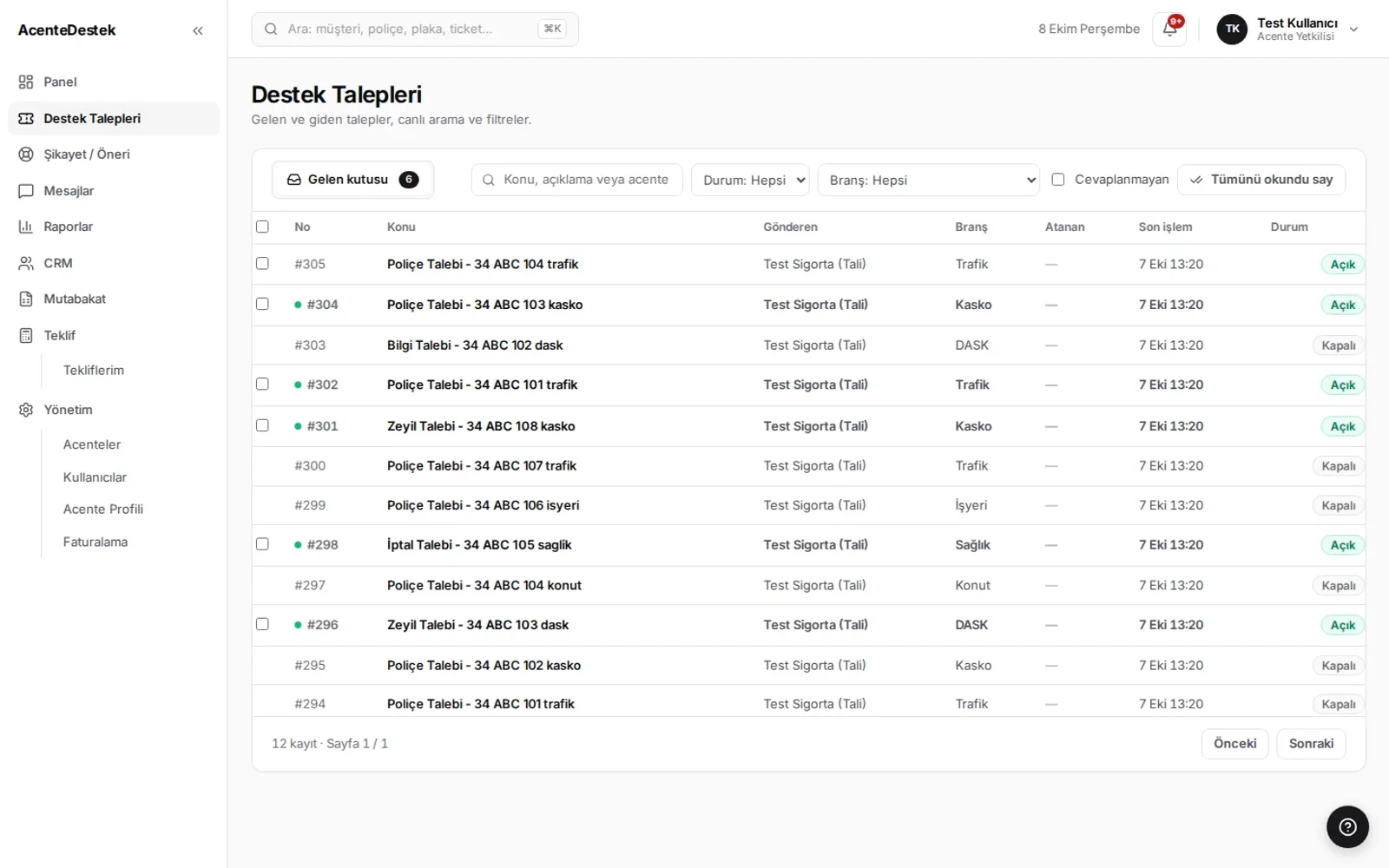 AcenteDestek Tali acenteler ve talepler demo ekranı