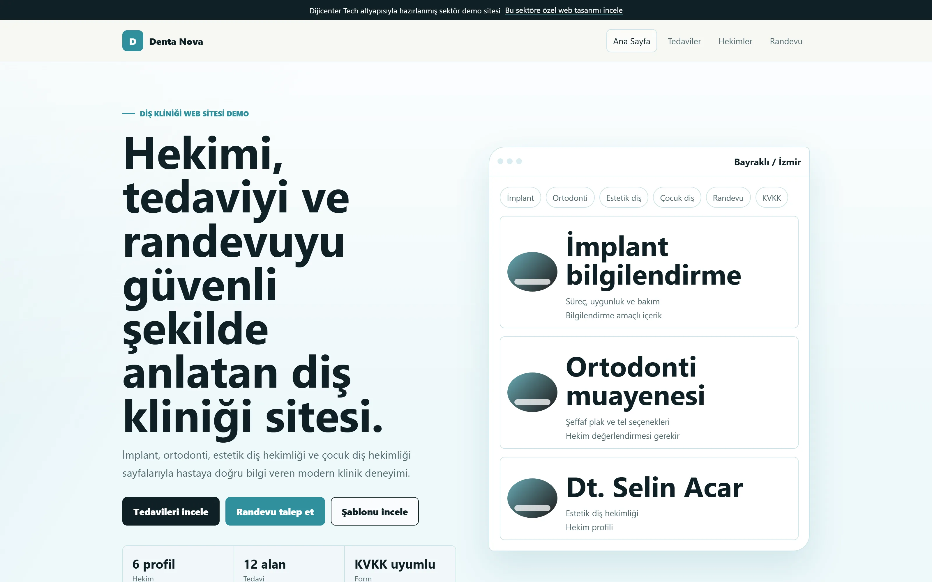 Diş kliniği web sitesi demo ekranı