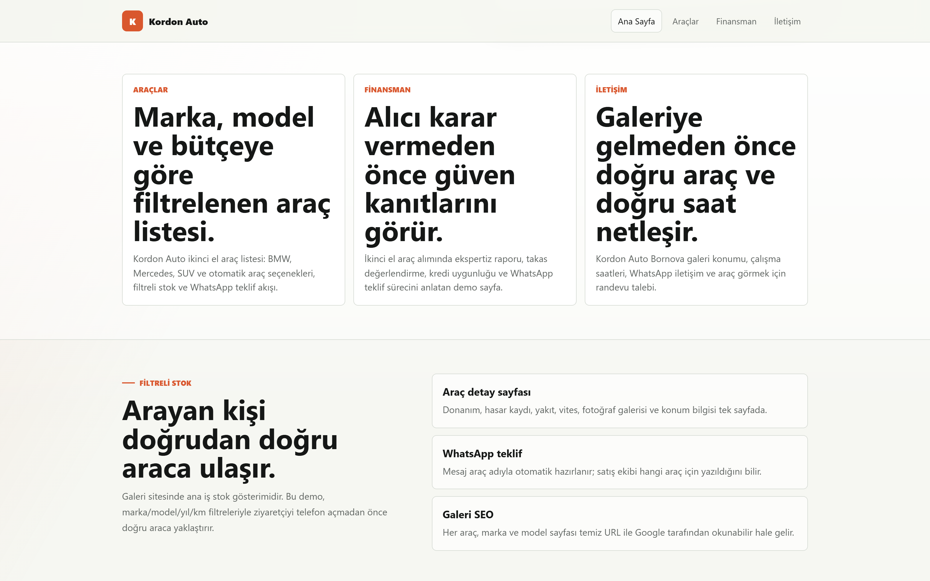 Araç detay — galeri, özellikler ve WhatsApp teklif
