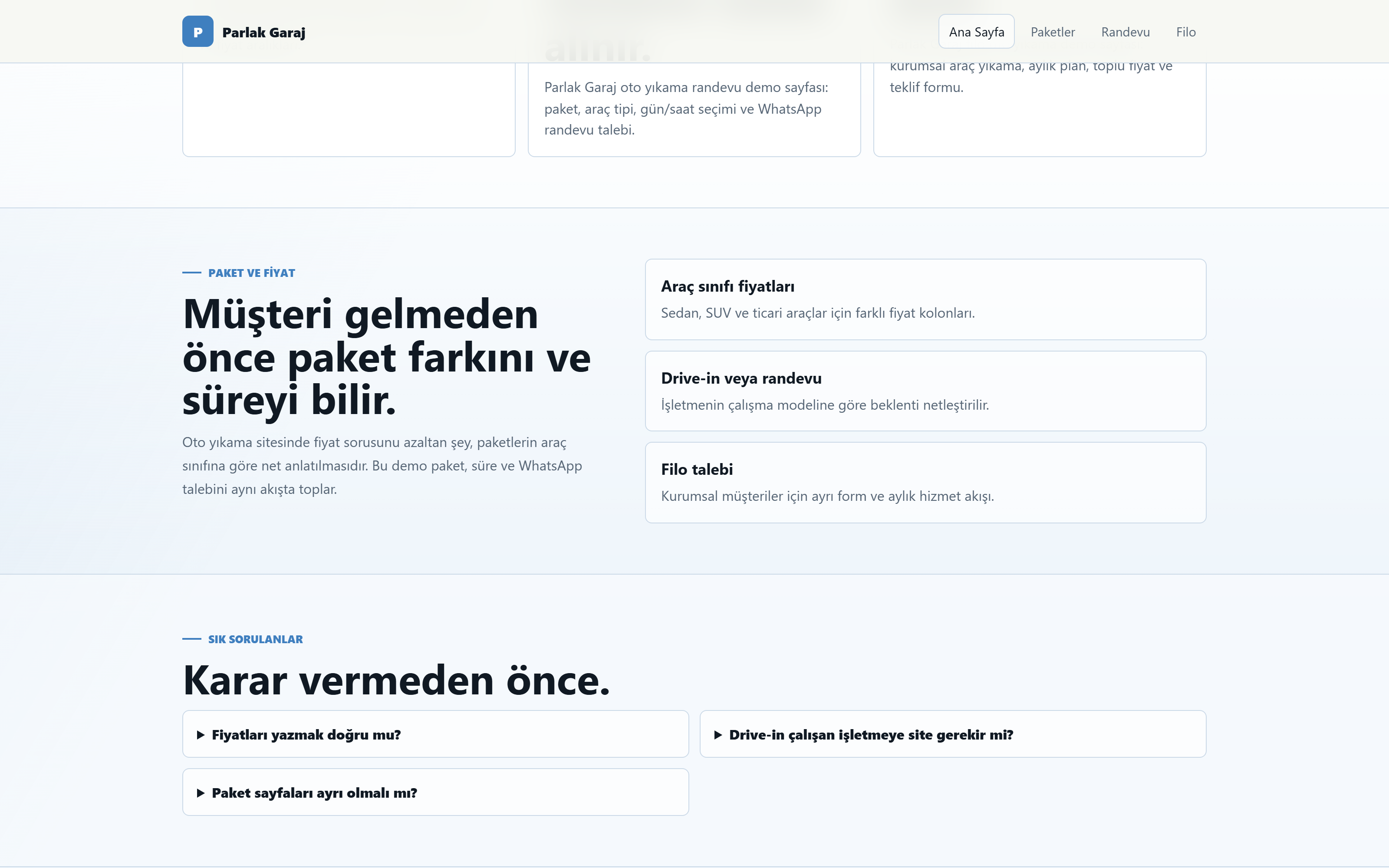 Randevu — paket, araç sınıfı ve saat seçimi