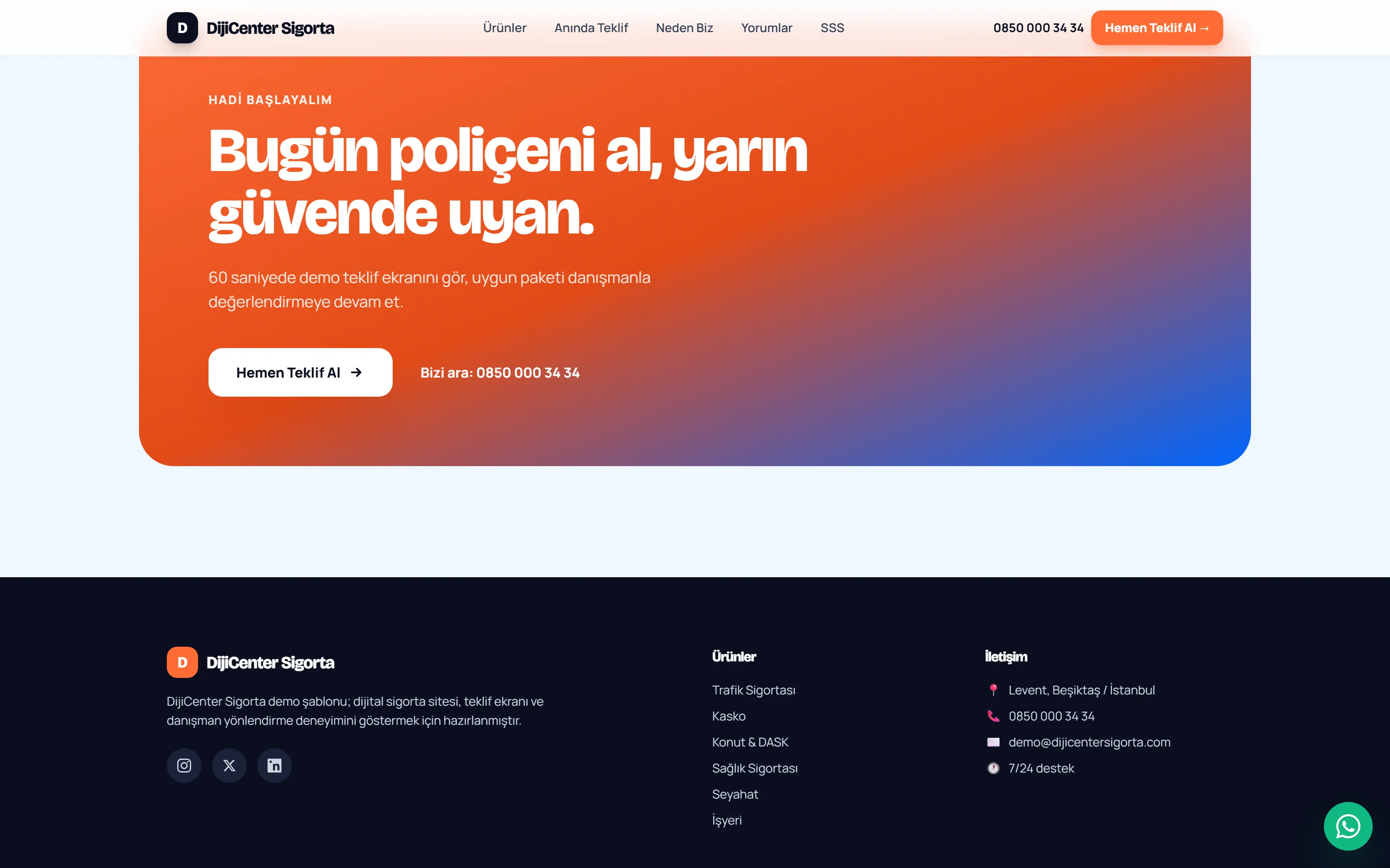 İletişim, form ve WhatsApp teklif alanı