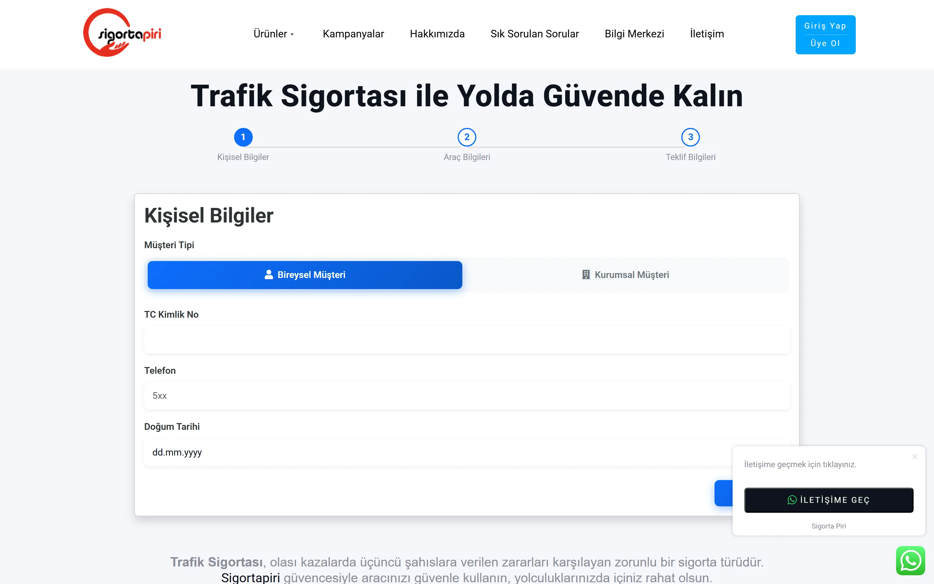Trafik sigortası ürün sayfası — hızlı teklif akışı