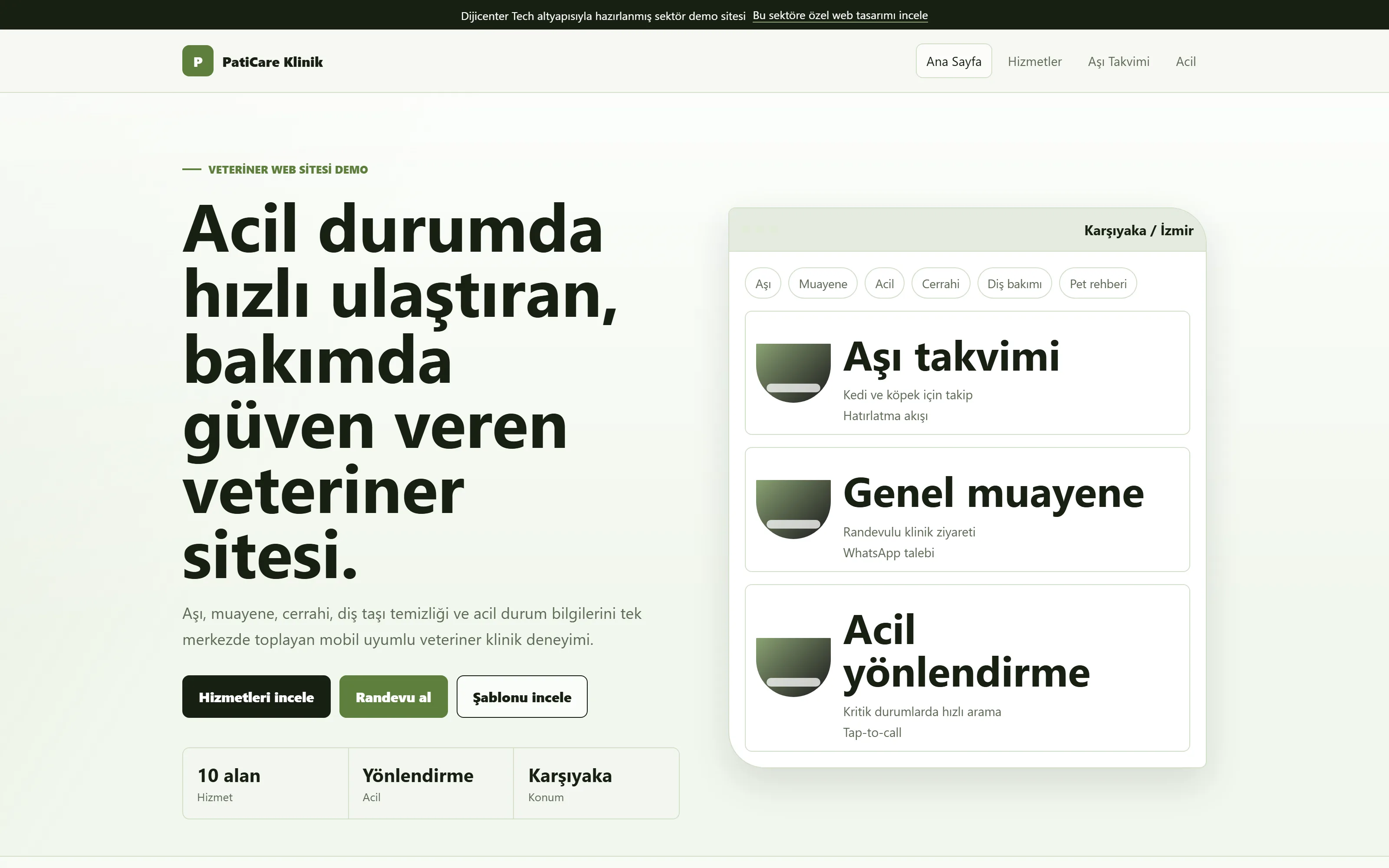 Veteriner kliniği web sitesi demo ekranı